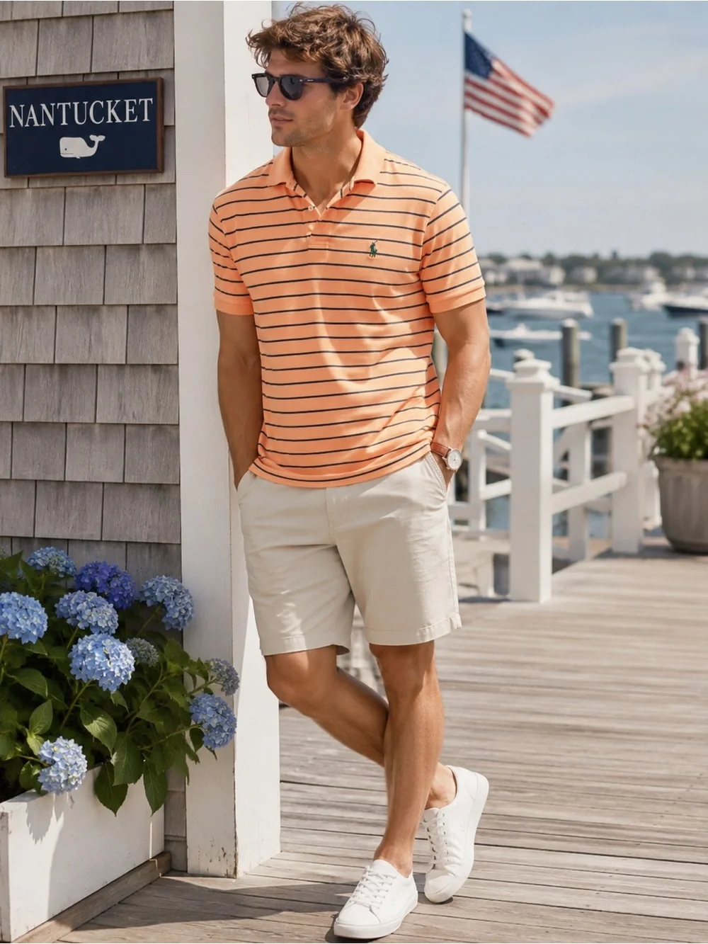 Polo Ralph Lauren Men’s Classic Fit Polo Medium Peach Navy Stripe Pony